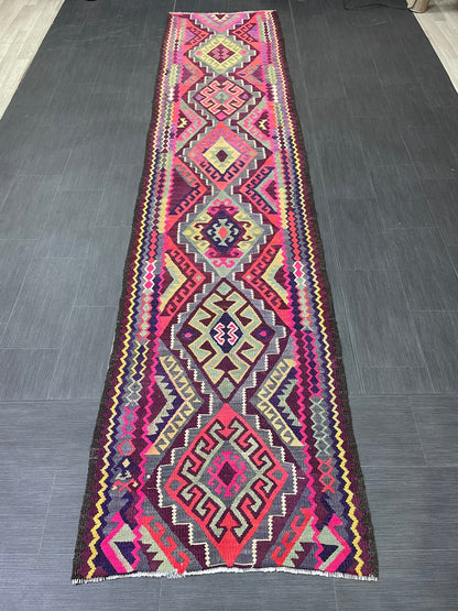 Vintage Runner rug 3 x 13 Handmade Flat woven Runner Kilim Runner Rug Oriental Runner Vintage Turkish Runner Flat weave Rug Wool Carpet Rug