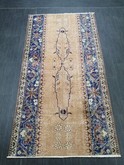 3.7 x 7.2 Blue Runner Rug, Hand Made Rug, Oushak Rug,  Boho Rug, Rug Runner, Turkish Rug, Farmhouse Rug, Vintage Rug, Wool rug Oriental Rug