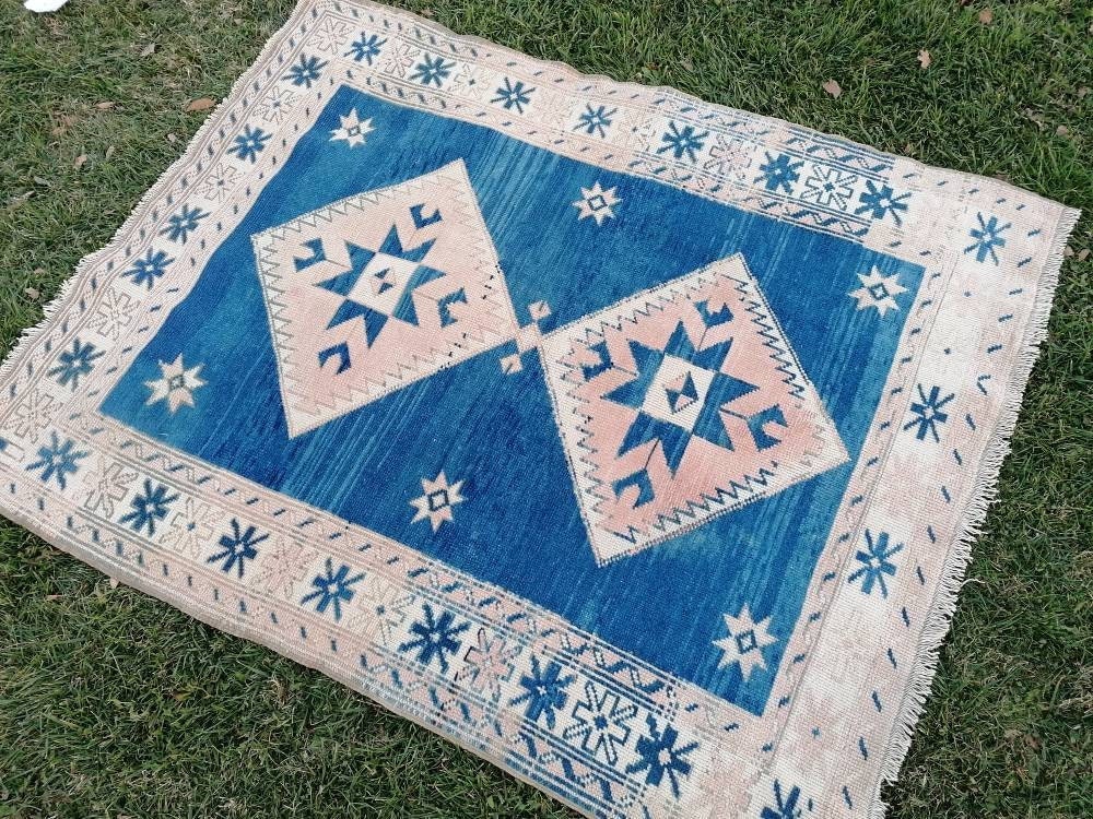 Oushak turkish rug, blue vintage wool rug, 4'5x5'7 vintage hand made wool rug, living room rug, bohemian rug