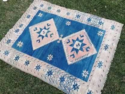 Oushak turkish rug, blue vintage wool rug, 4'5x5'7 vintage hand made wool rug, living room rug, bohemian rug