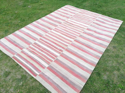 7x9.5 feet oversize wool kilim, pastel stripe rug, handmade rug living room, entryway turkish kilim rug, lounge area kilim rug, bigest kilim