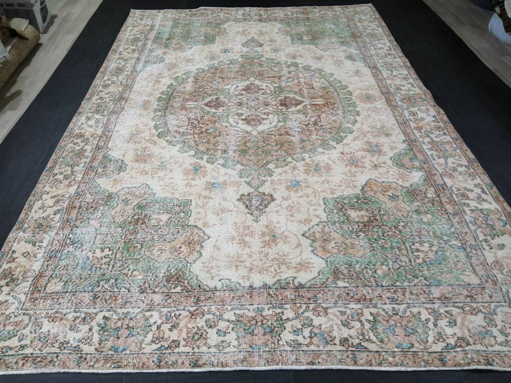 OUSHAK RUG Persian Rug 6.8 x 10.4 TURKISH  Rug Vintage Wool Rug Muted Vintage Oriental Rug Wool Oushak Rug Hand Made Rugs Green Vintage Rug