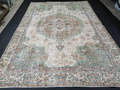 OUSHAK RUG Persian Rug 6.8 x 10.4 TURKISH  Rug Vintage Wool Rug Muted Vintage Oriental Rug Wool Oushak Rug Hand Made Rugs Green Vintage Rug