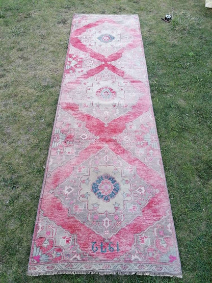 Oushak runner, turkish wool runner rug, vintage hallway runner 3x10'2 unique hand made wool rug kitchen runner rug,