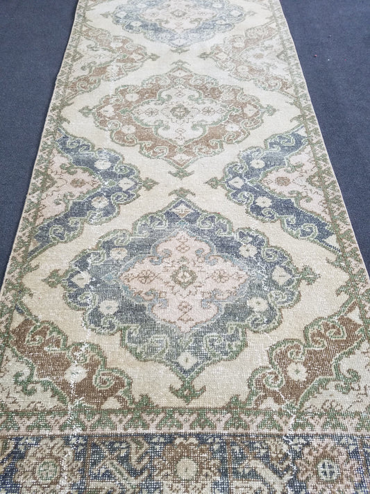 3x10 feet oushak turkish runner rug, vintage long runner rug, handmade corridor runner, hallway long rug, living room floor wool runner rug