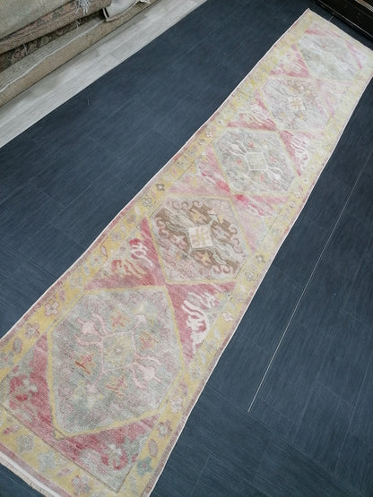 Oushak turkish runner rug 3x14'5 oushak new production wool runner rug pastel hallway runner rug handmade runner