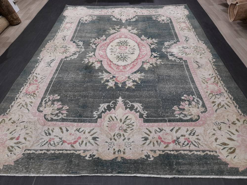 Vintage RUG  Hunter Green and Light Pink Antique Rug Vintage Wool 7.3 x 10 Oriental Rug Hand Made Rug Hand Knotted  Rug Wool on wool Rug
