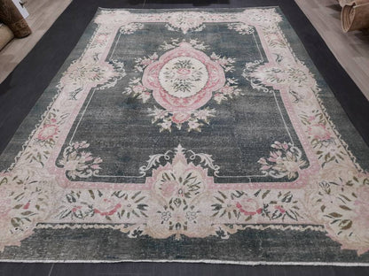 Vintage RUG  Hunter Green and Light Pink Antique Rug Vintage Wool 7.3 x 10 Oriental Rug Hand Made Rug Hand Knotted  Rug Wool on wool Rug