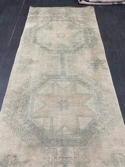Muted Vintage Runner Rug 2.8 x 12.7 ft Muted Turkish runner rug Wool Pile Oushak Runner Hallway Rug runner Hand Knotted Star Runner Rug