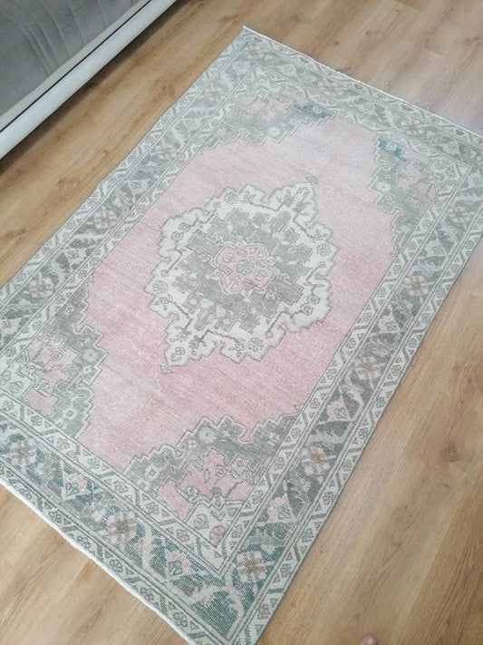 Muted oushak turkish rug 4'2x6'4 pastel vintage rug, handmade wool rug