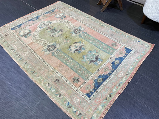 Vintage RUG, TURKISH Oushak Rug Hand Knotted 3 x 4.2 Rug, Oriental Rug, Vintage Persian Rug, Handmade Rug, Antique Rug, Woven Rug