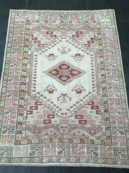 WOOL RUG Turkish Area Rug 5.3 x 7 Pink Vintage Rug Fan Hand Made Cute Oushak Rug Persian Muted Rug Earth Tones Rug Wool Pile Rug Rustic Rug
