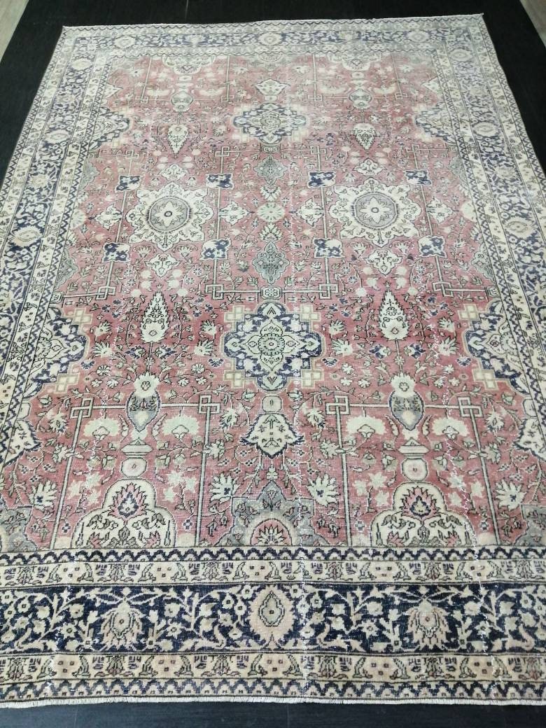 Muted Persian RUG 7.7 x 11 Turkish Oushak Rug Vintage Antique Rug Vintage Blue Pink Rug Wool Muted Oriental Rug Hand Made Rug