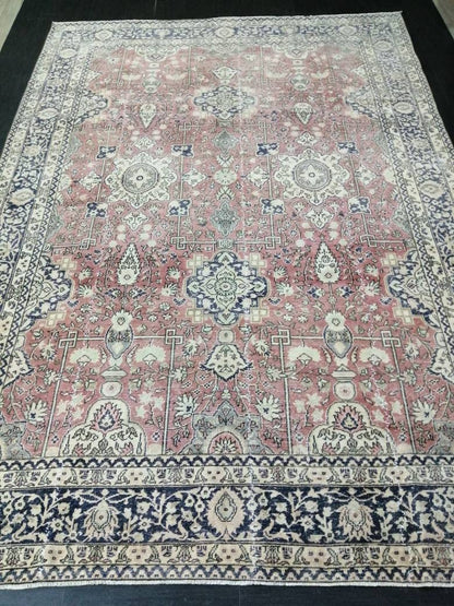 Muted Persian RUG 7.7 x 11 Turkish Oushak Rug Vintage Antique Rug Vintage Blue Pink Rug Wool Muted Oriental Rug Hand Made Rug