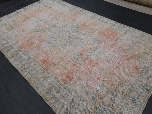 Vintage Turkish Rug 5.4 x 9 Oushak Rug Persian Rug Oriental Orange Rug Muted Vintage Floral Rug Elegant Wool Rug Distressed HAND Knotted Rug