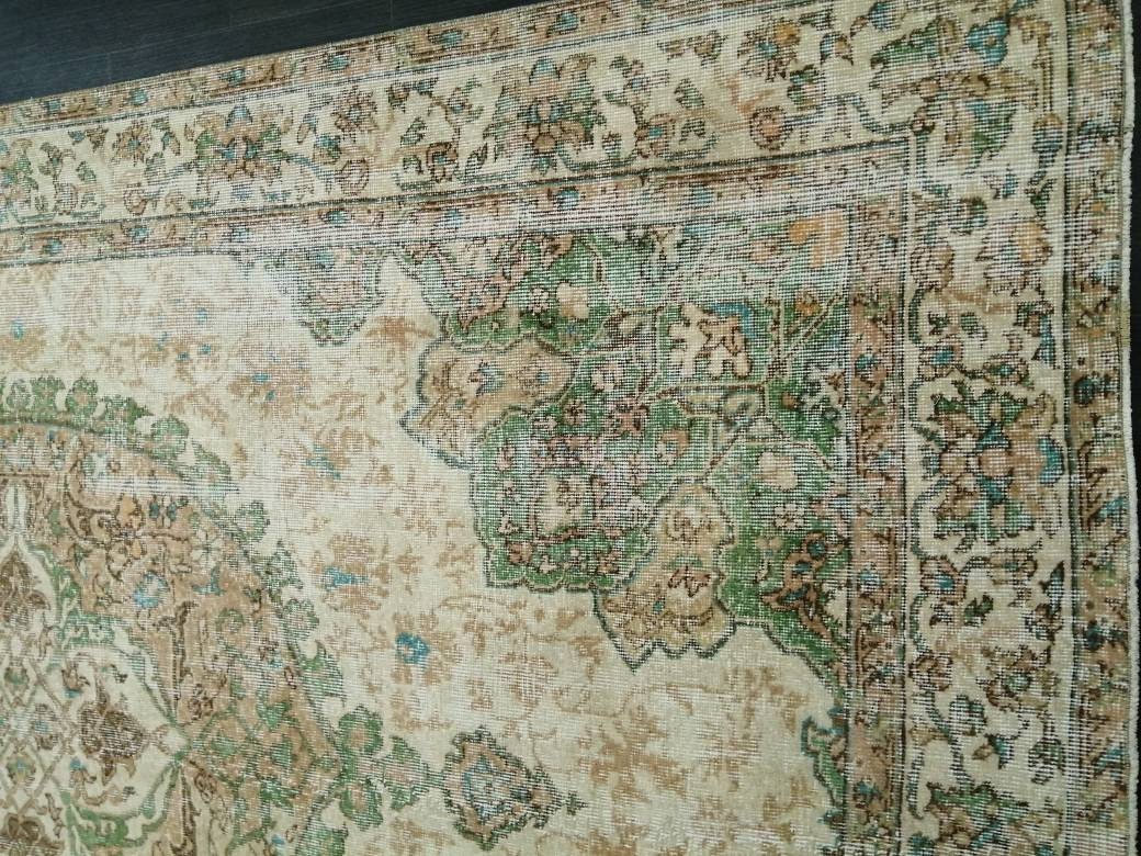 OUSHAK RUG Persian Rug 6.8 x 10.4 TURKISH  Rug Vintage Wool Rug Muted Vintage Oriental Rug Wool Oushak Rug Hand Made Rugs Green Vintage Rug