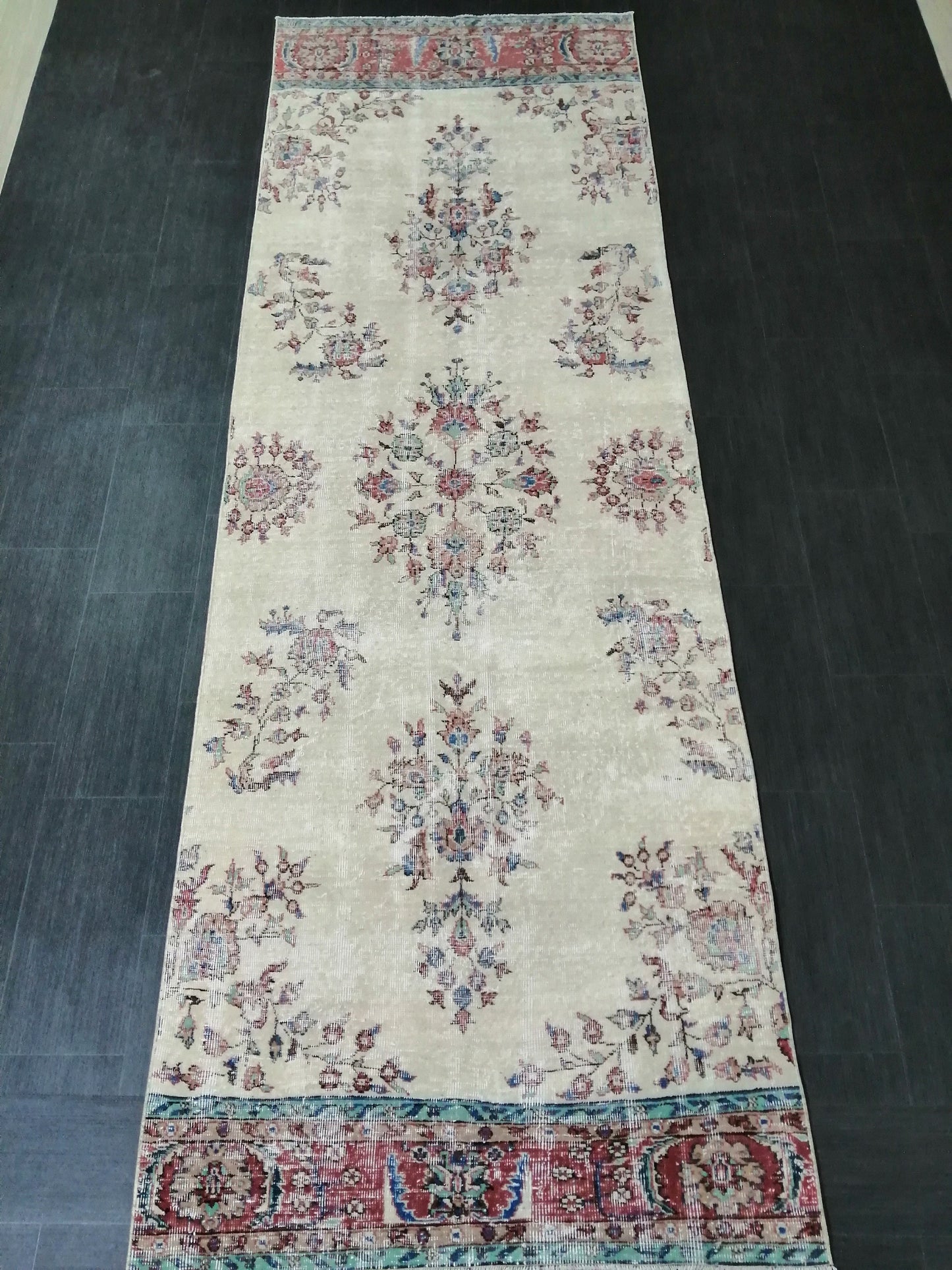 Distressed OUSHAK RUG 11.6 x 3.8 Muted Vintage  Runner Rug Vintage Runner Rug Wool Oushak Rug Vintage Turkish  Runner Rug