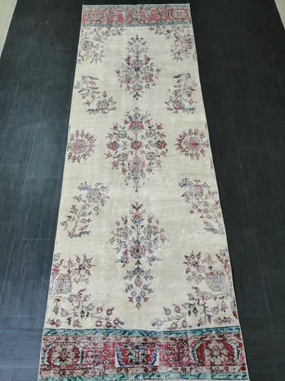 Distressed OUSHAK RUG 11.6 x 3.8 Muted Vintage  Runner Rug Vintage Runner Rug Wool Oushak Rug Vintage Turkish  Runner Rug