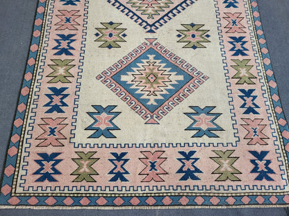 Hand Knotted Oushak Rug, Vintage 6 x 8.7 Rug, Handmade Turkish Rug, Persian Rug, Vintage Rug, Wool  Blue Large Rug