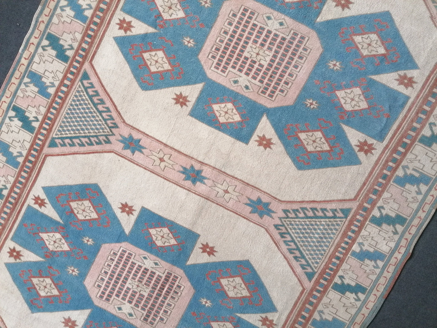 6x8 feet oversize vintage turkish rug, soft oushak handmade rug, pastel blue kitchen area rug, lounge anatolian rug,oversize office area rug