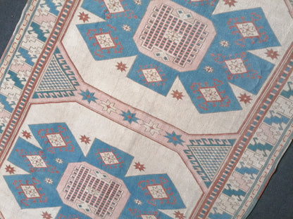 6x8 feet oversize vintage turkish rug, soft oushak handmade rug, pastel blue kitchen area rug, lounge anatolian rug,oversize office area rug