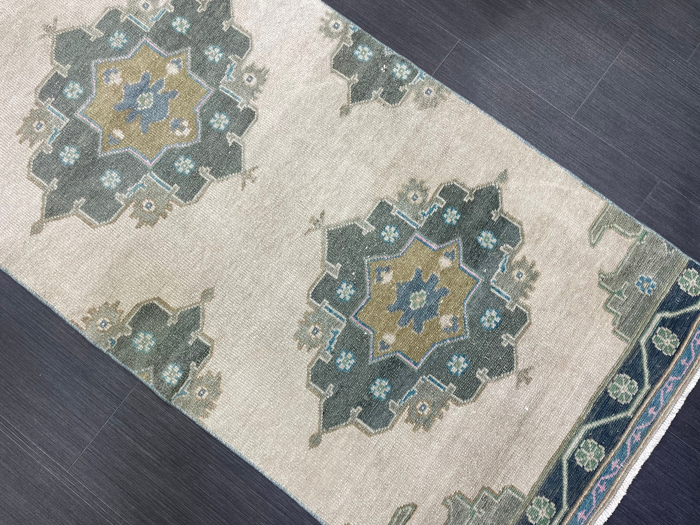 Muted Handmade Runner Rug Turkish Runner 2.7 x 11 Rug Vintage Runner Rug Hallway Runner Rug Kitchen Runner Rug Green Hand Knotted Runner