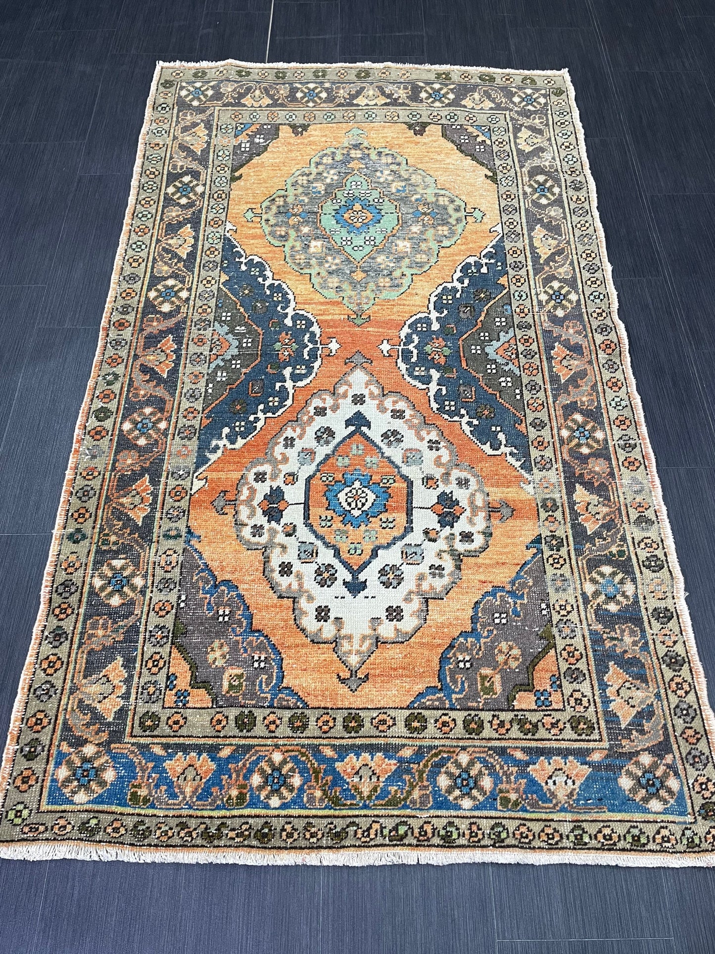 Vintage Turkish Rug 3.8 x 6.5 Handmade Wool Rug Muted Vintage Oushak Rug Wool Oriental Rug Hand Made Rug Vintage Rug Muted Persian Wool Rug