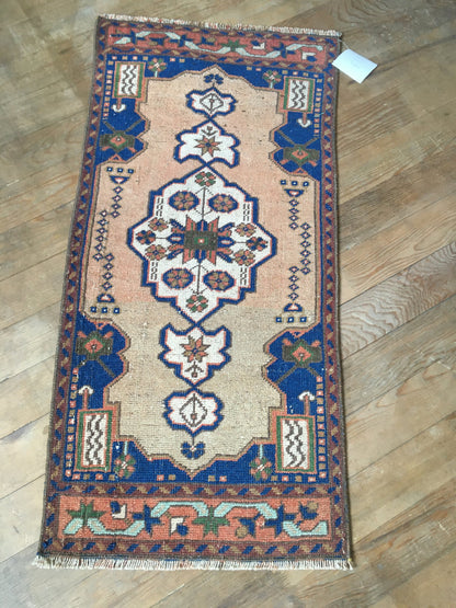 2x3 feet blue muted vintage turkish bath mat, handmade pink kitchen floor small rug, etnique wool anatolian mini rug,tiny small entryway rug