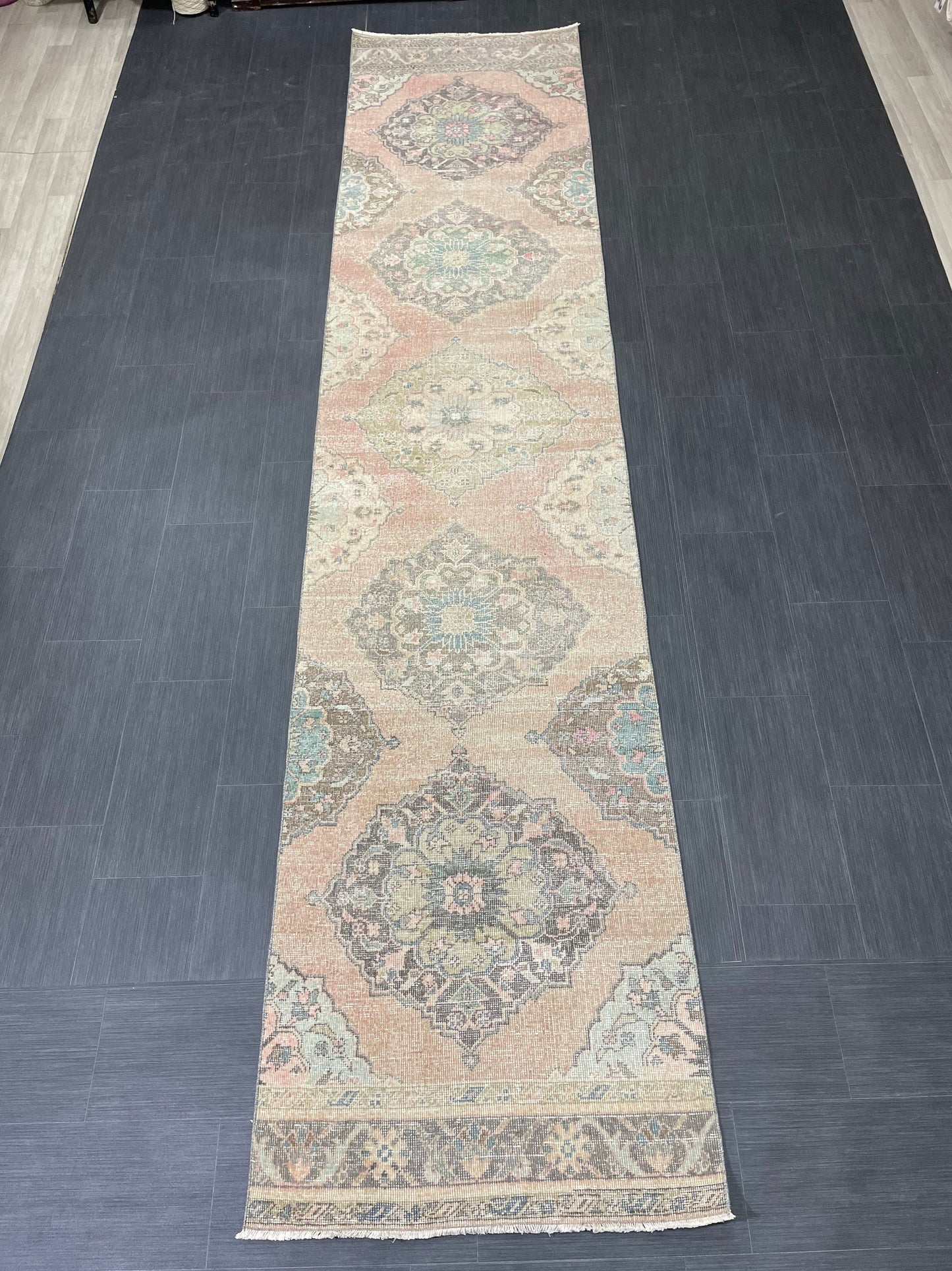 Distressed Runner Rug Muted Turkish Runner 3 x 13.2 Rug  Pink Vintage Runner Rug Hallway Runner Rug Muted Persian Runner Rug Wool Runner