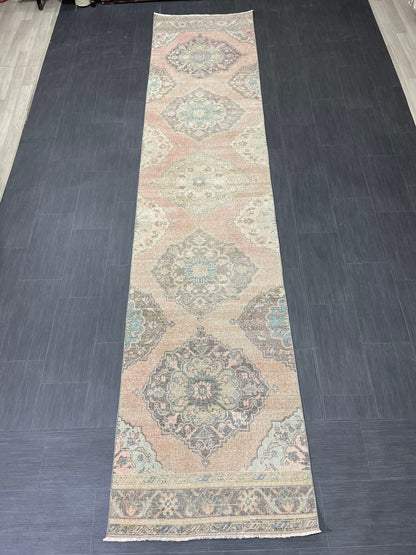 Distressed Runner Rug Muted Turkish Runner 3 x 13.2 Rug  Pink Vintage Runner Rug Hallway Runner Rug Muted Persian Runner Rug Wool Runner