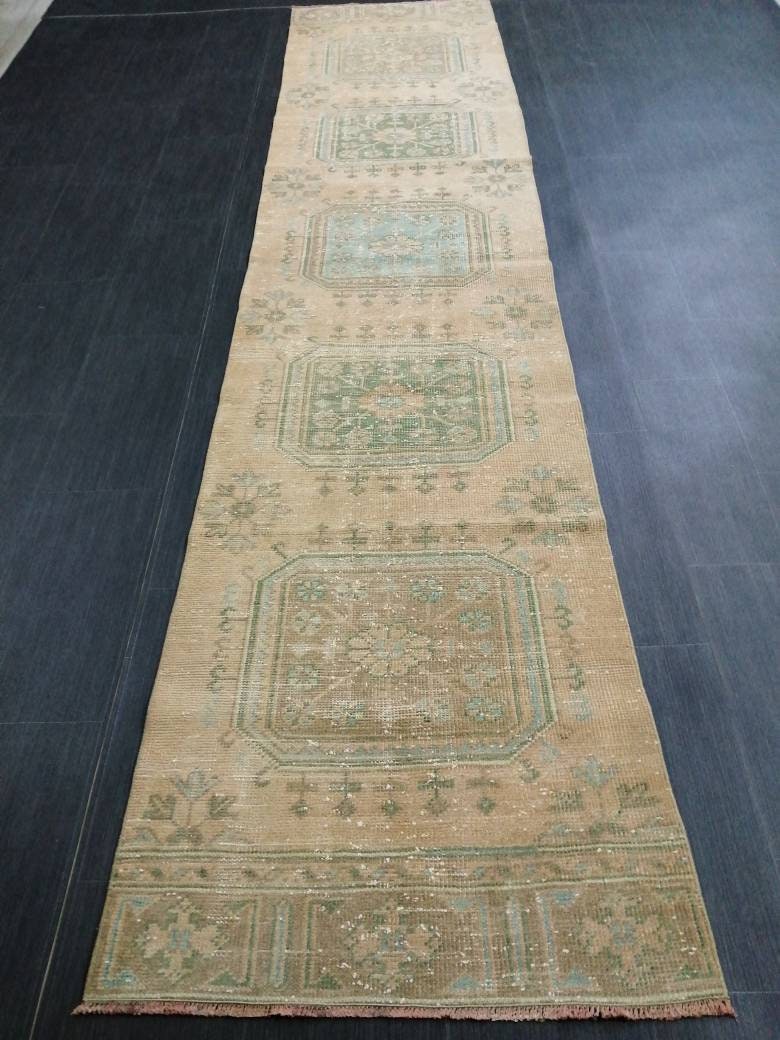 VINTAGE RUNNER Rug, Muted 2.5 x 11.4 Vintage Turkish Runner Rug, Oushak Runner Rug, Hand woven Rug, Oriental runner Rug