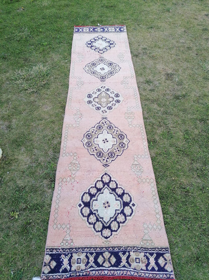 2'7x11 runner rug, vintage wool runner,pink runner rug, blue hallway runner rug kitchen runner rug wool runner rug