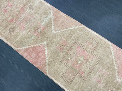 Muted Vintage Runner Rug 2.7 x 12.6 Hand Made Runner Rug Turkish Runner Rug Pink Vintage Runner Rug Hallway Runner Rug Wool Kitchen Runner