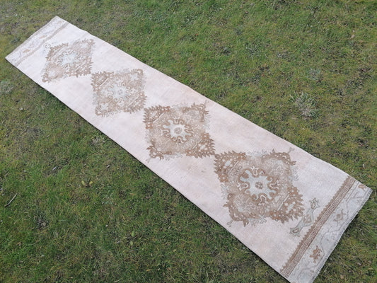 2.6 x 11.5 vintage runner rug, muted soft color turkish runner rug, pastel kitchen runner