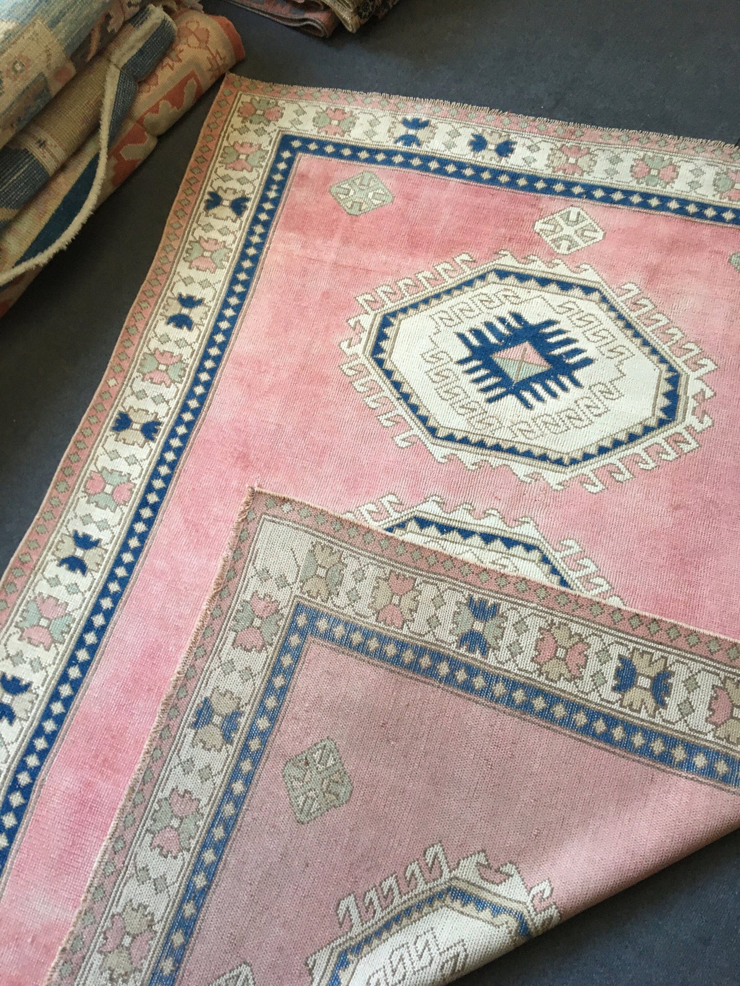 5.4x7.5 feet pink handmade bedroom large rug, wide turkish blue muted color kitchen rug, wool bathroom floor rug, big size living room rugs