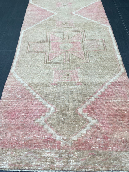 Muted Vintage Runner Rug 2.7 x 12.6 Hand Made Runner Rug Turkish Runner Rug Pink Vintage Runner Rug Hallway Runner Rug Wool Kitchen Runner