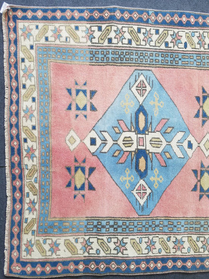 Blue vintage wool rug. pink turkish oushak rug 3'10x5'7 bohemian rug, living room rug, handmade wool rugs