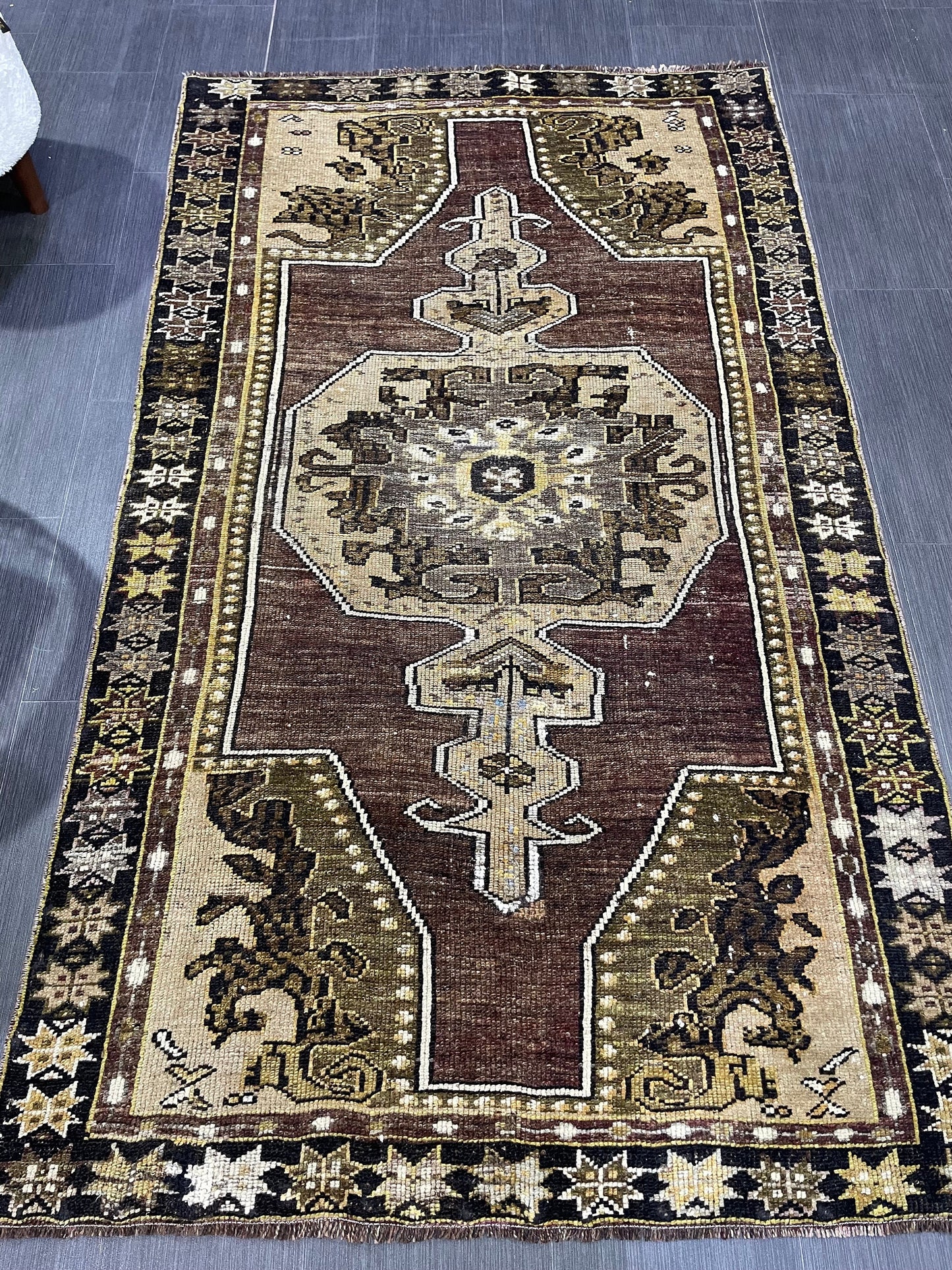 Antique Rug, TURKISH RUG, VINTAGE Rug, Living Room 3.7 x 6.3 Rug, Oushak Rug, Handmade Rug,Brown and Black rug, Persian Rug, farmhouse rug