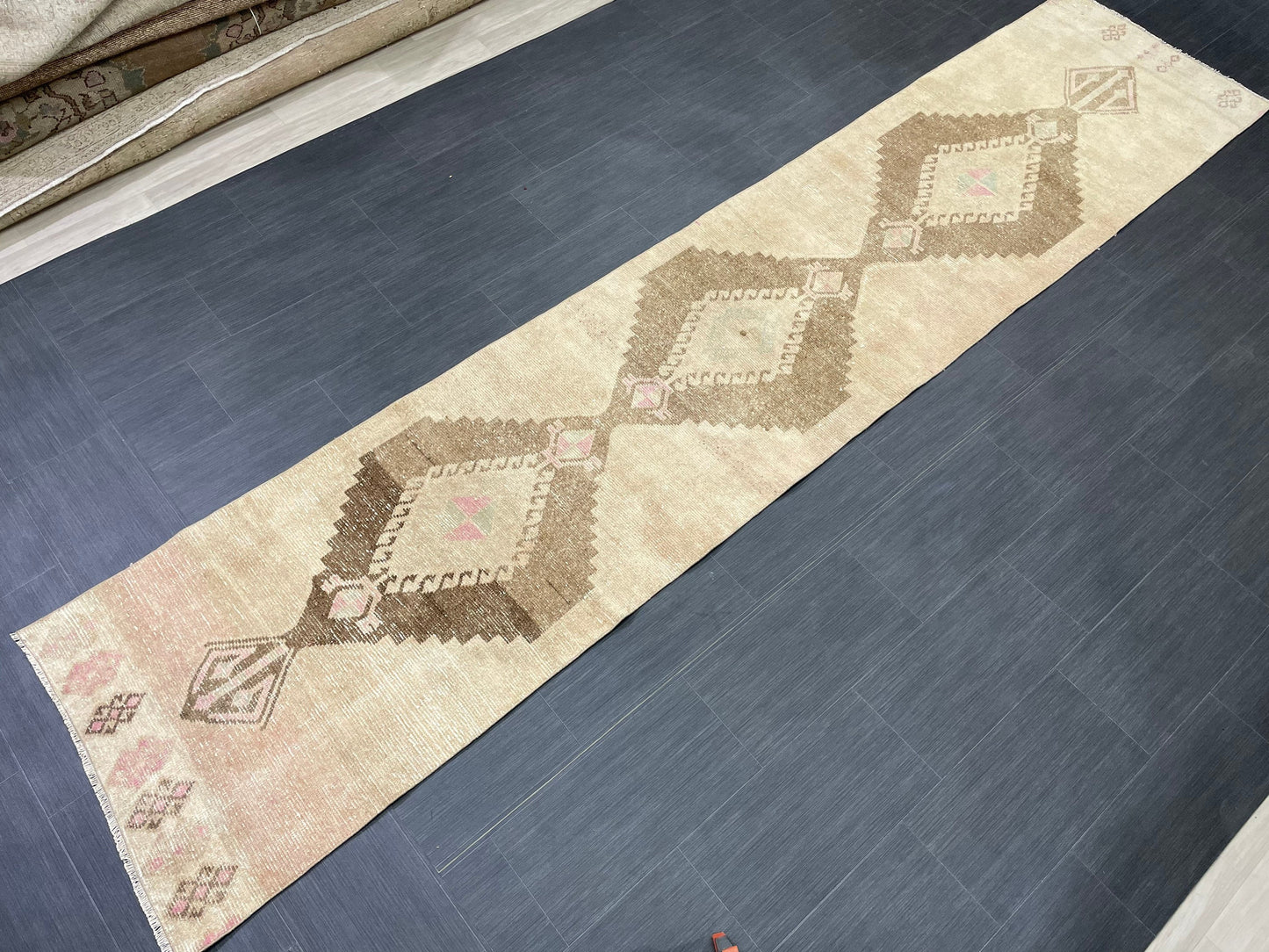 Muted Vintage Runner Rug 2.6 x 12.2 Hand Made Runner Rug Turkish Runner Rug Pink Vintage Runner Rug Hallway Runner Rug Wool Kitchen Runner