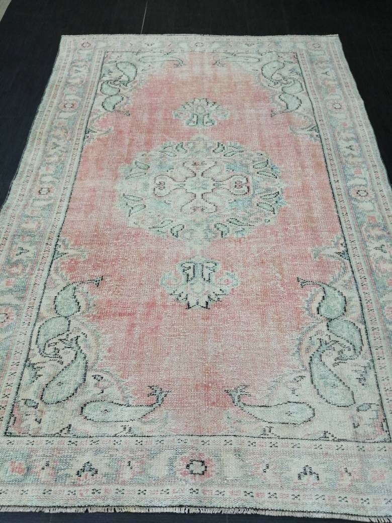 Vintage Hand Made Rug, 5.8 x 8.7 Large Oushak Rug, Pink Rustic Rug, Distressed ORIENTAL Rug, Distressed Turkish Rug, Vintage Persian rug