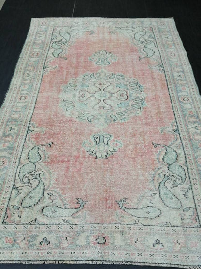 Vintage Hand Made Rug, 5.8 x 8.7 Large Oushak Rug, Pink Rustic Rug, Distressed ORIENTAL Rug, Distressed Turkish Rug, Vintage Persian rug