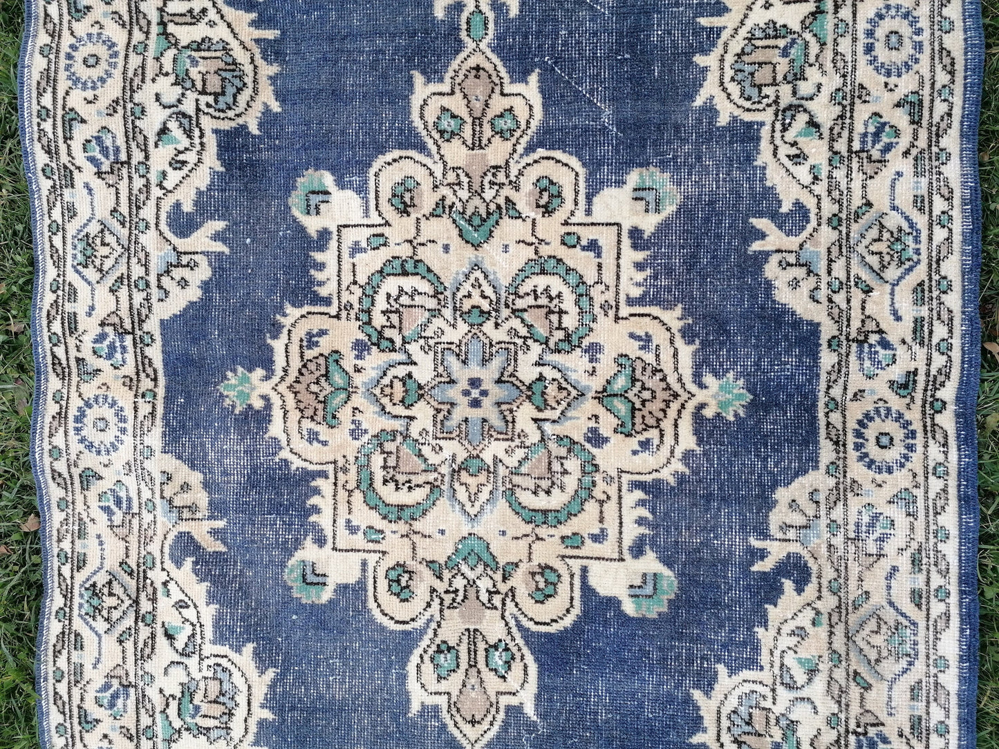 Turkish oushak rug, blue vintage rug 7'2x3'10