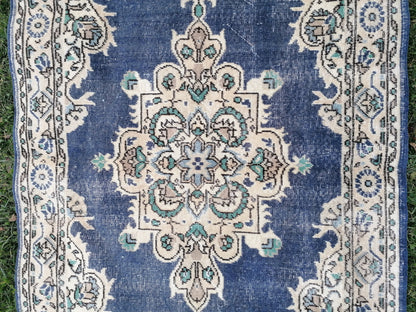 Turkish oushak rug, blue vintage rug 7'2x3'10