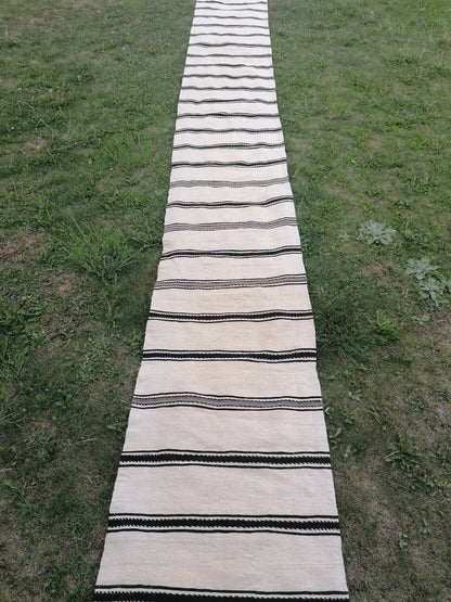 2.5 x 21 Neutral flatweave wool runner rug - stripe kilim runner, long handmade runner,  turkish woven runner rug