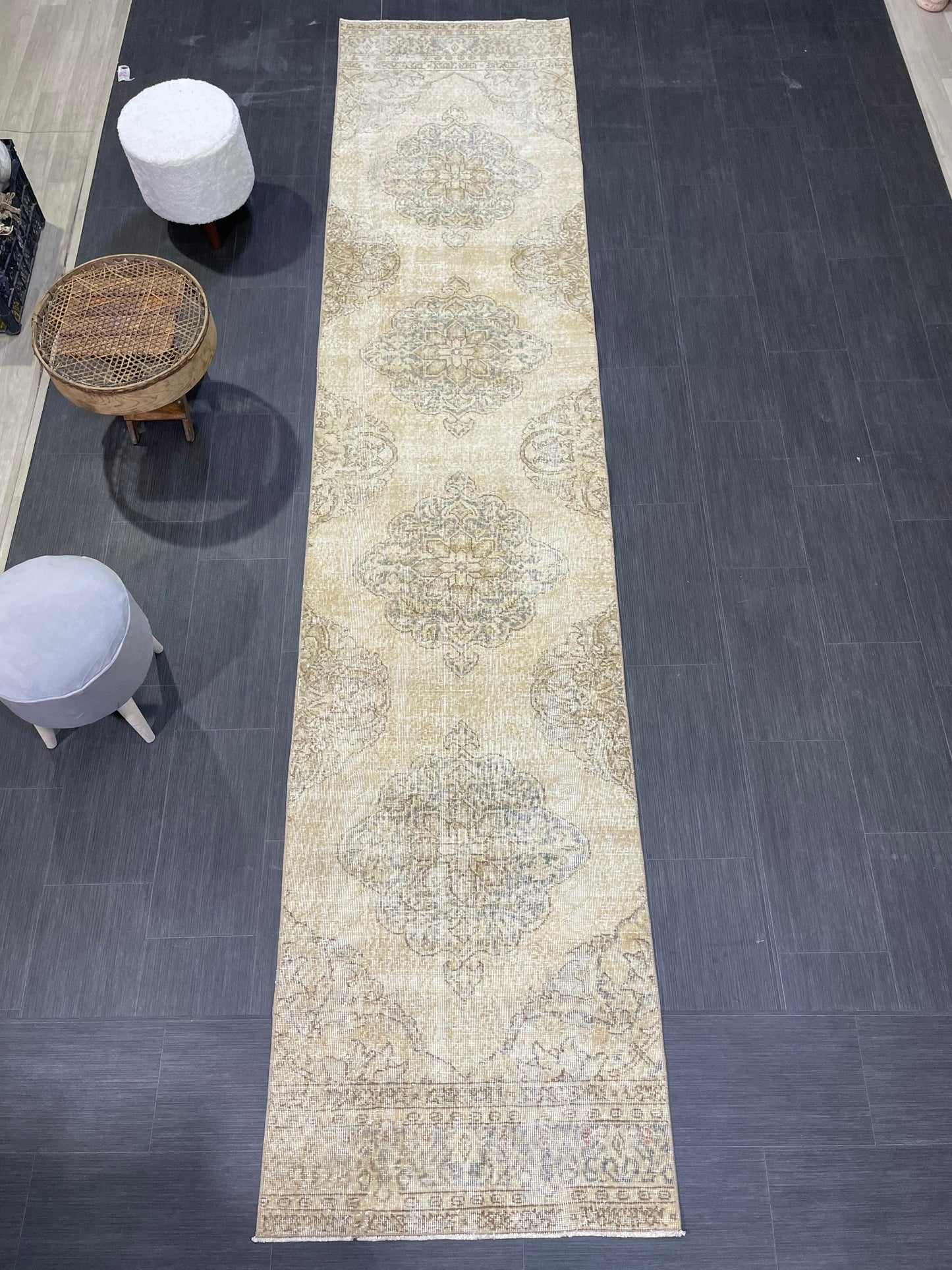 Muted Distressed Runner Rug, Vintage 2.10 x 12.9 Runner Rug, TURKISH Muted Runner Rug, Oushak Runner Rug, Fine Runner Rug,Antique Runner Rug