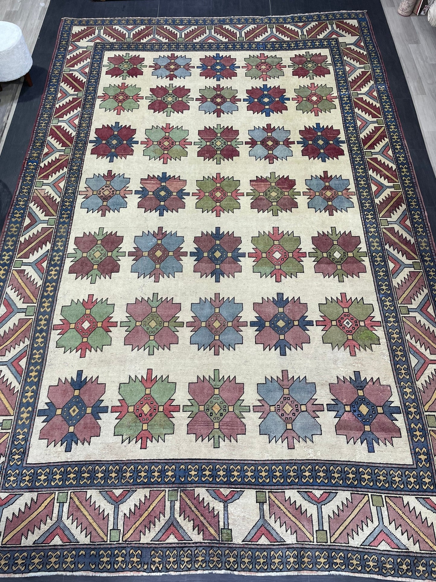 Vintage OUSHAK RUG, TURKISH 8.5 x 13.3 Rug, Large Persian Rug, Vintage Oriental Rug, Vintage Handmade Rug, Blue Wool Rug