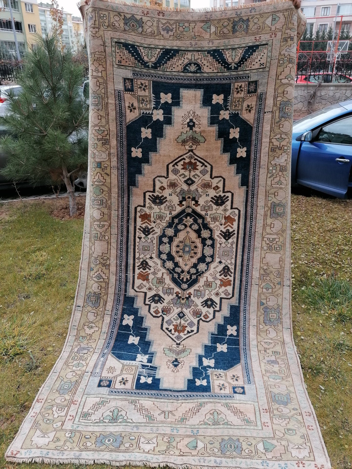 Turkish oushak rug, blue vintage rug 5'2x10 vintage oushak rug, unique hand made rug kitchen rug bohemian rug