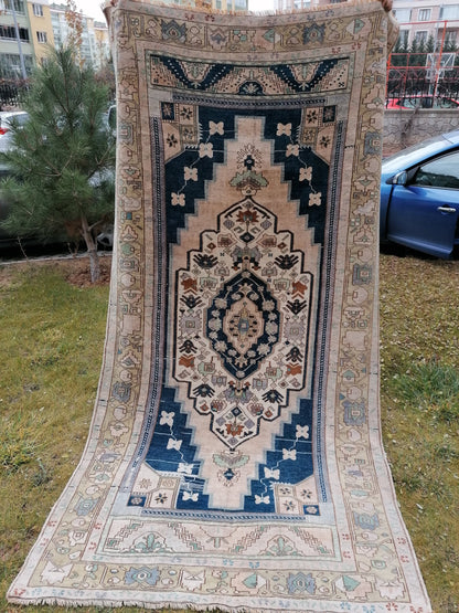 Turkish oushak rug, blue vintage rug 5'2x10 vintage oushak rug, unique hand made rug kitchen rug bohemian rug
