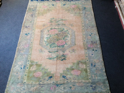 5.5 x 7.9 Floral OUSHAK RUG TURKISH Oushak Rug Vintage Hand Knotted Rug Muted Wool Rug Hand Made Rugs Vintage Faded Rug