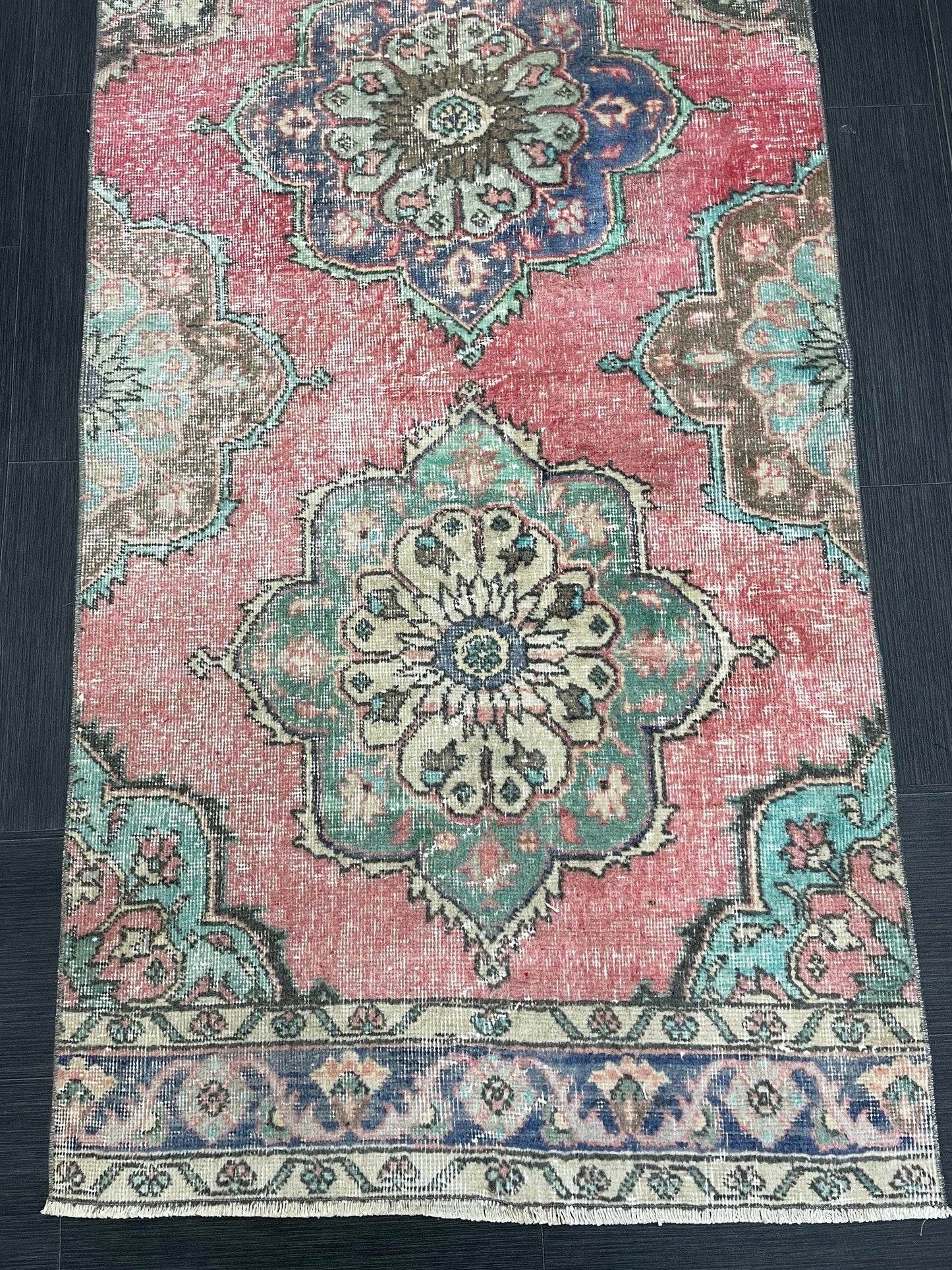 Muted Vintage Runner Rug Vintage Oushak Runner Rug 3 x 12.5  Hallway Runner Rug Turkish Kitchen Runner Rug Antique Wool Oriental Runner Rug